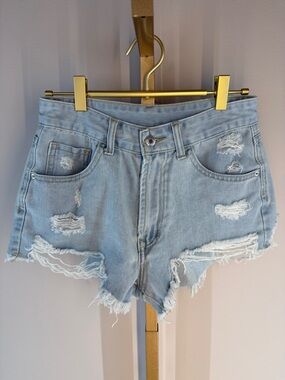 Light Blue Wash Distressed Denim Cutoff Micro Mini Jean Shorts - XS